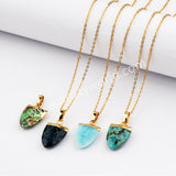 16" Gold Plated Genuine Pure Turquoise Fluorite Faceted Shield Pendant Necklace, Fashion Gemstone Jewelry G2081-N