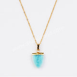 16" Gold Plated Genuine Pure Turquoise Fluorite Faceted Shield Pendant Necklace, Fashion Gemstone Jewelry G2081-N