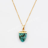 16" Gold Plated Genuine Pure Turquoise Fluorite Faceted Shield Pendant Necklace, Fashion Gemstone Jewelry G2081-N