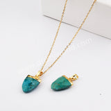 16" Gold Plated Genuine Pure Turquoise Fluorite Faceted Shield Pendant Necklace, Fashion Gemstone Jewelry G2081-N