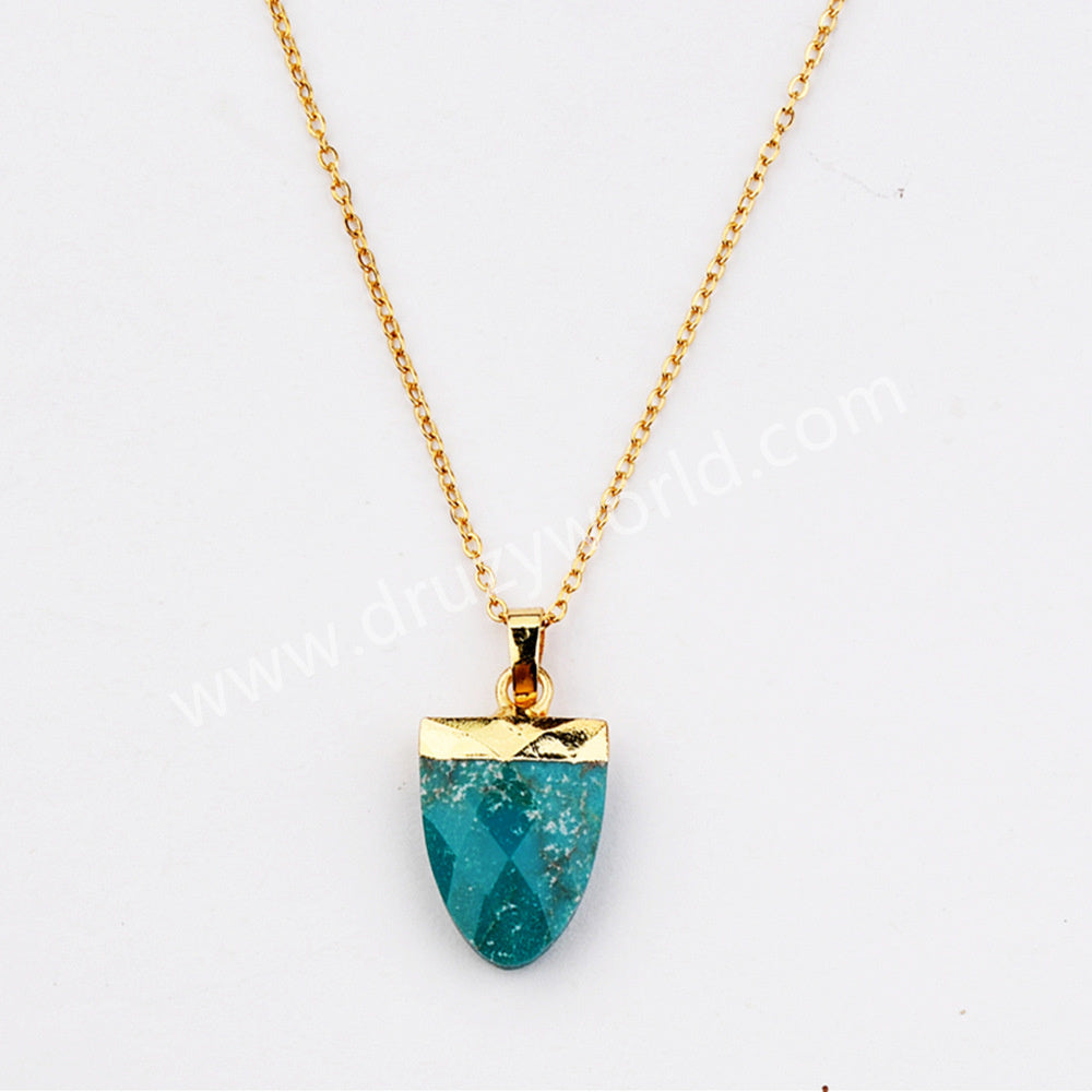 16" Gold Plated Genuine Pure Turquoise Fluorite Faceted Shield Pendant Necklace, Fashion Gemstone Jewelry G2081-N