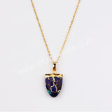 16" Gold Plated Genuine Pure Turquoise Fluorite Faceted Shield Pendant Necklace, Fashion Gemstone Jewelry G2081-N