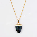 16" Gold Plated Genuine Pure Turquoise Fluorite Faceted Shield Pendant Necklace, Fashion Gemstone Jewelry G2081-N