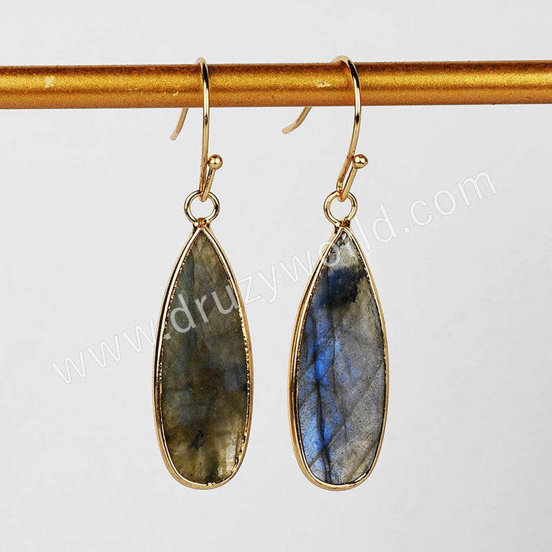 Gold Plated Long Teardrop Natural Labradorite Faceted Earrings, Jewelry For Women G2084-1