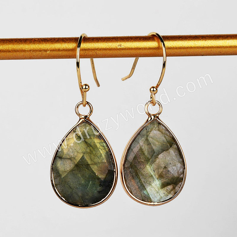 Gold Plated Drop Natural Labradorite Faceted Dangle Earrings Healing Jewelry G2084-2
