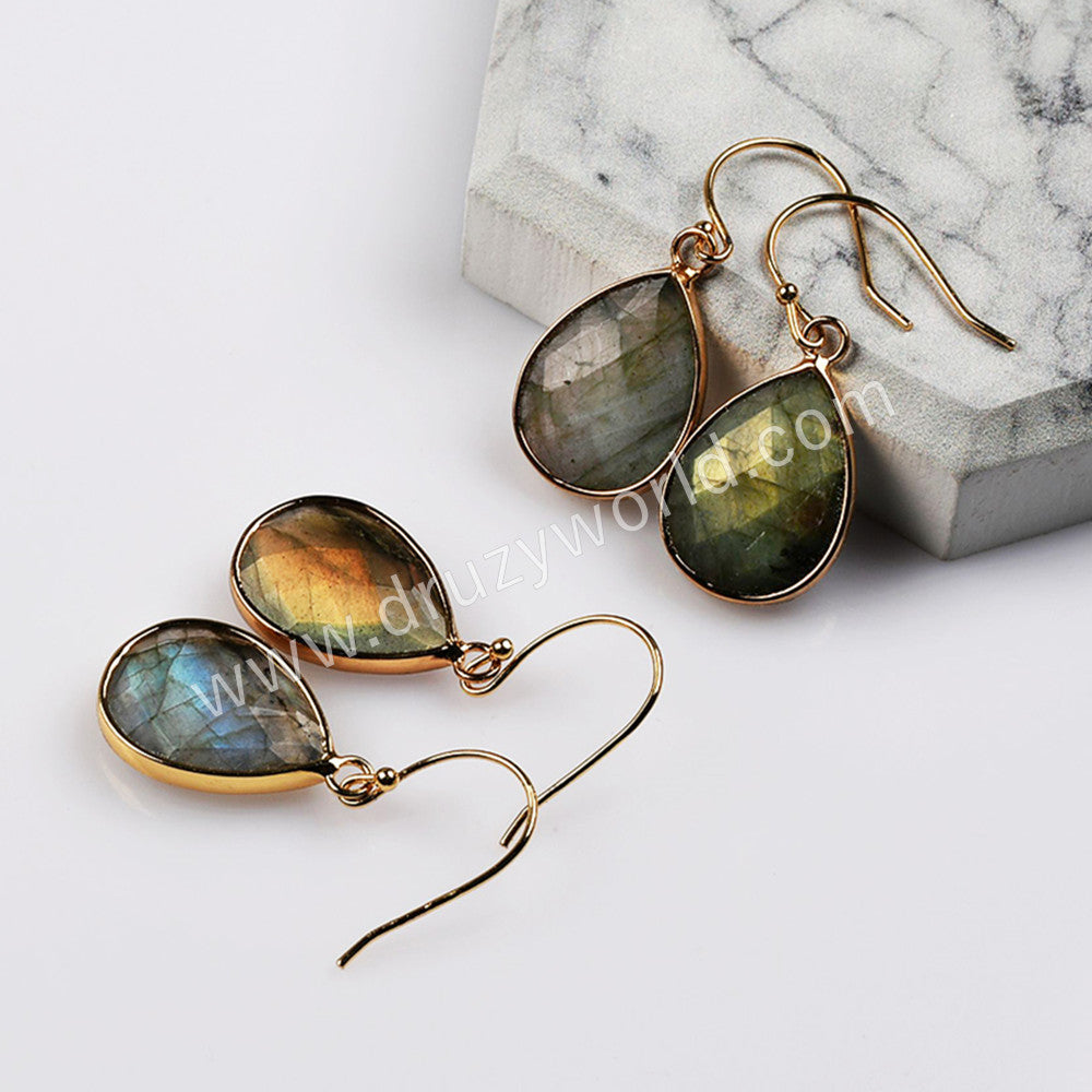 Gold Plated Drop Natural Labradorite Faceted Dangle Earrings Healing Jewelry G2084-2