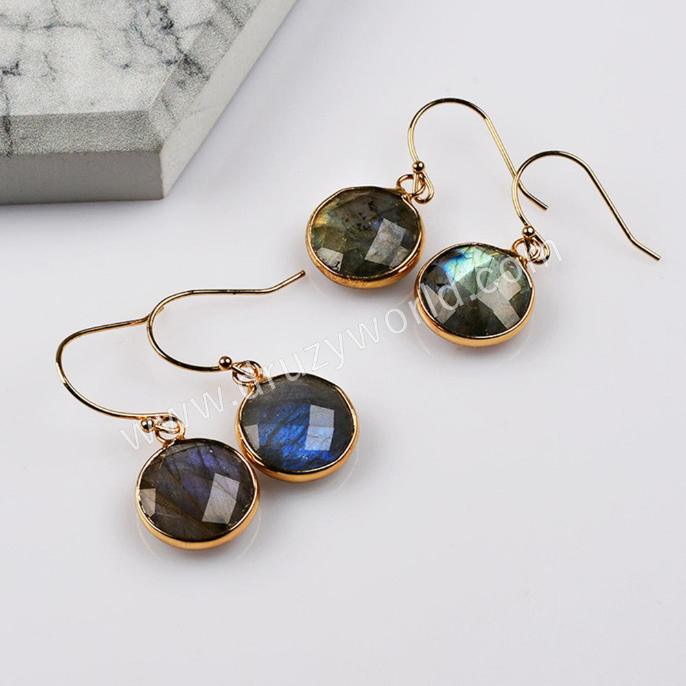 Gold Plated Round Natural Labradorite Faceted Dangle Earrings Healing Jewelry G2084-3
