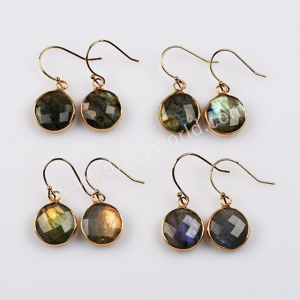Gold Plated Round Natural Labradorite Faceted Dangle Earrings Healing Jewelry G2084-3