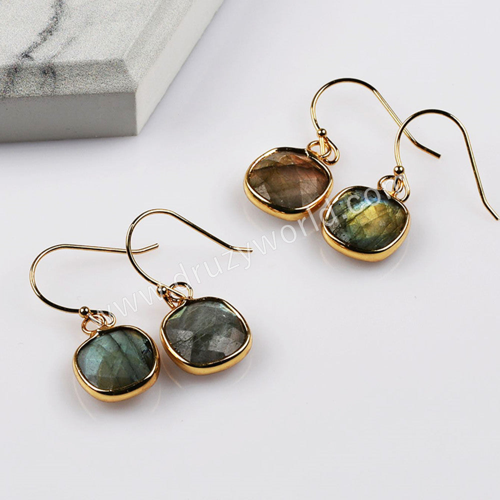 Gold Plated Square Natural Labradorite Faceted Dangle Earrings Healing Jewelry G2084-4