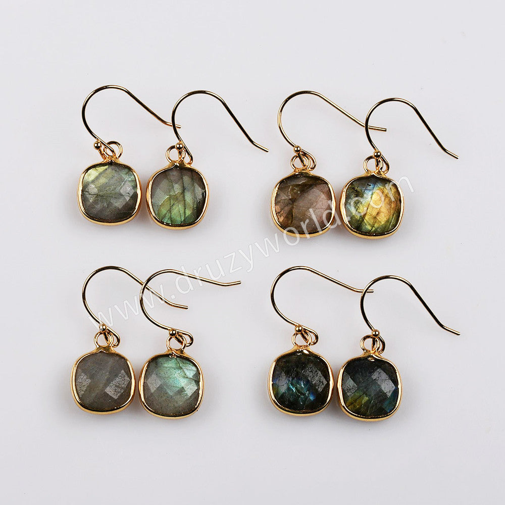 Gold Plated Square Natural Labradorite Faceted Dangle Earrings Healing Jewelry G2084-4