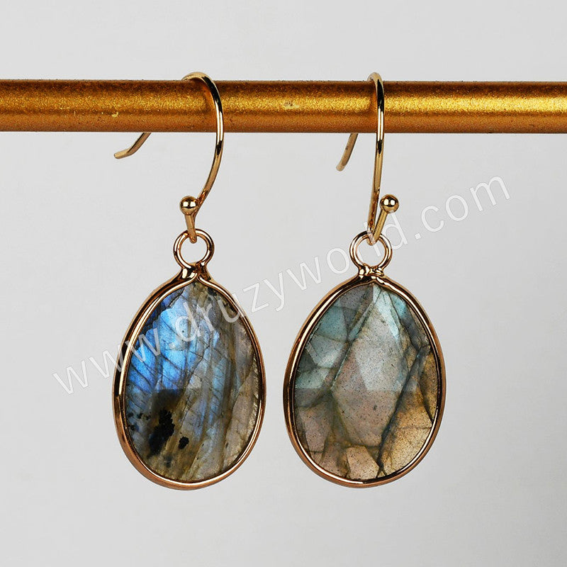 Gold Plated Oval Natural Labradorite Faceted Dangle Earrings Healing Jewelry G2084-5