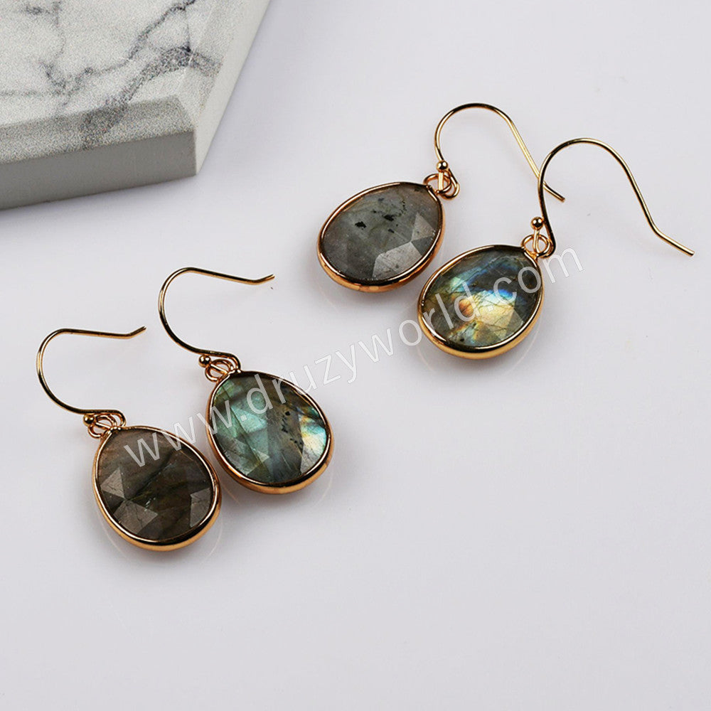 Gold Plated Oval Natural Labradorite Faceted Dangle Earrings Healing Jewelry G2084-5