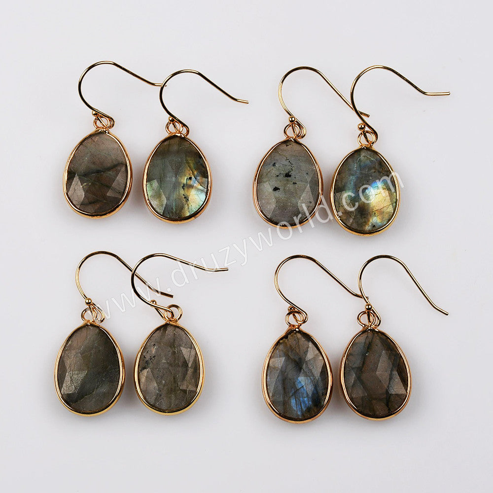 Gold Plated Oval Natural Labradorite Faceted Dangle Earrings Healing Jewelry G2084-5
