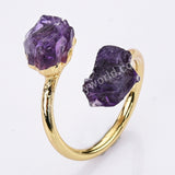 Gold Plated Double Raw Gemstone Birthstones Adjustable Wrap Ring Healing Jewelry For Women G2102