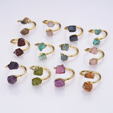 Gold Plated Double Raw Gemstone Birthstones Adjustable Wrap Ring Healing Jewelry For Women G2102