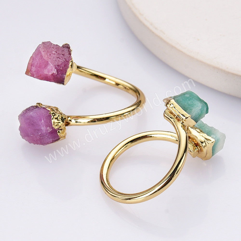 Gold Plated Double Raw Gemstone Ring, Birthstones Ring, Adjustable, Boho Jewelry G2102