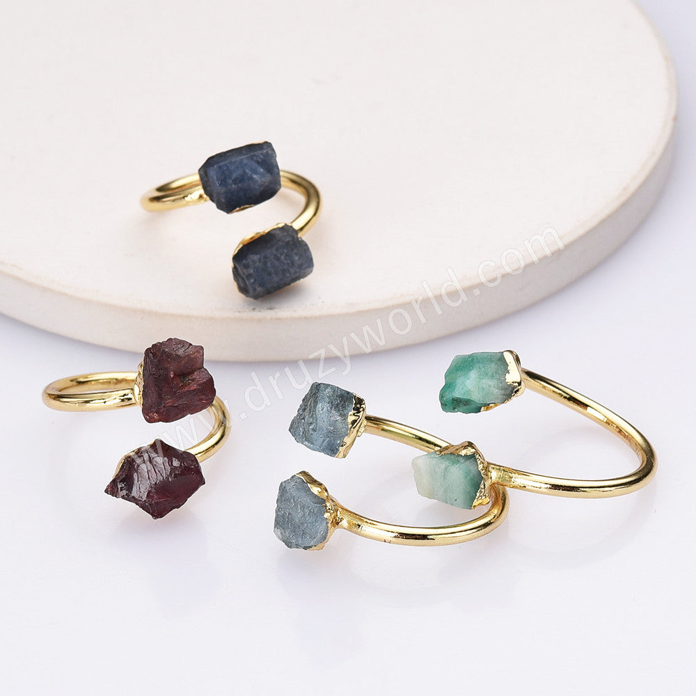 Gold Plated Double Raw Gemstone Ring, Birthstones Ring, Adjustable, Boho Jewelry G2102