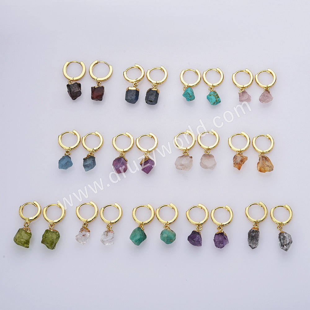 Gold Plated Birthstone Hoop Earrings, Raw Gemstone Earrings, Boho Jewelry G2103