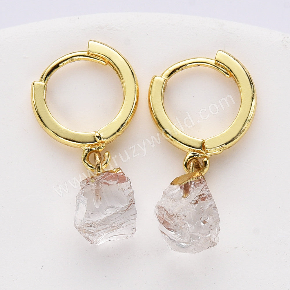 Gold Plated Raw Gemstone Small Hoop Dangle Earrings Birthstone Jewelry For Women G2103