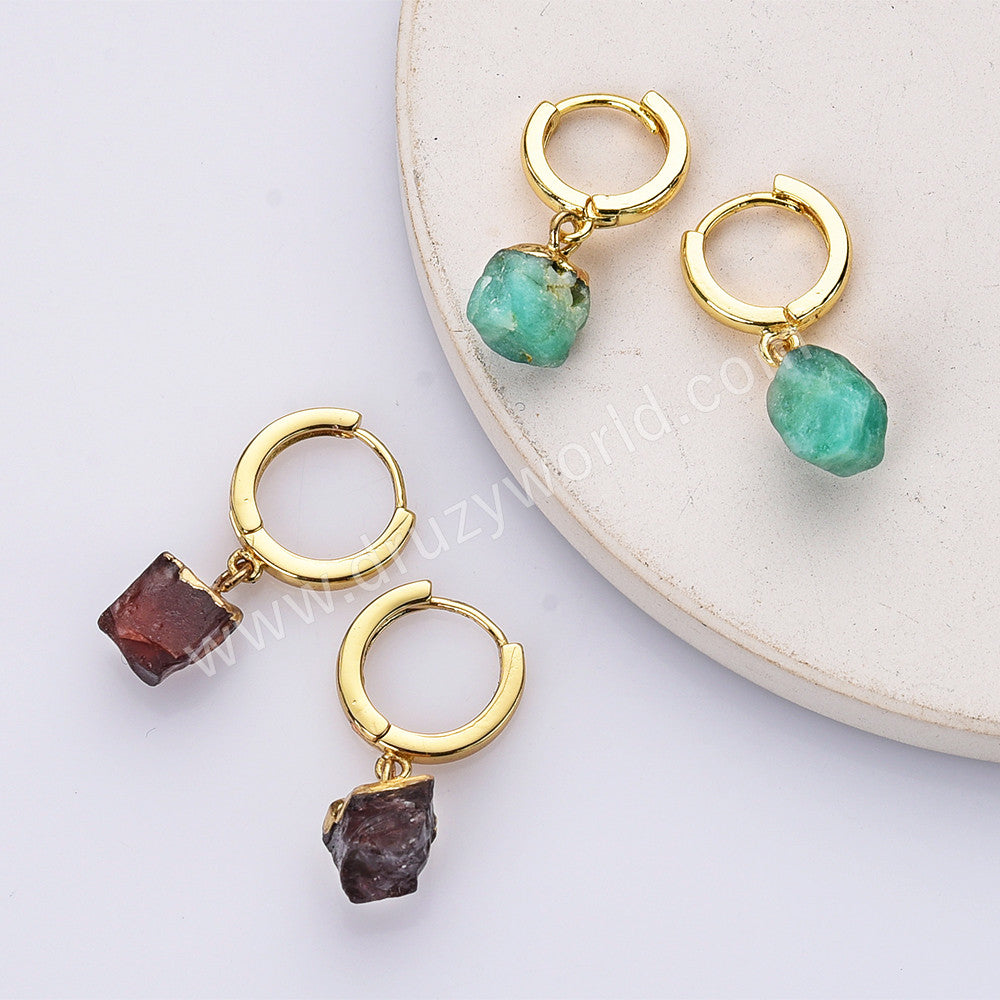 Gold Plated Birthstone Hoop Earrings, Raw Gemstone Earrings, Boho Jewelry G2103