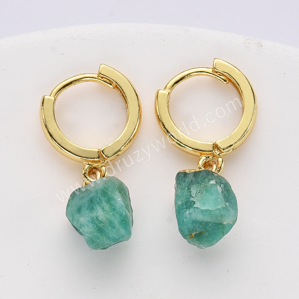 Gold Plated Raw Gemstone Small Hoop Dangle Earrings Birthstone Jewelry For Women G2103