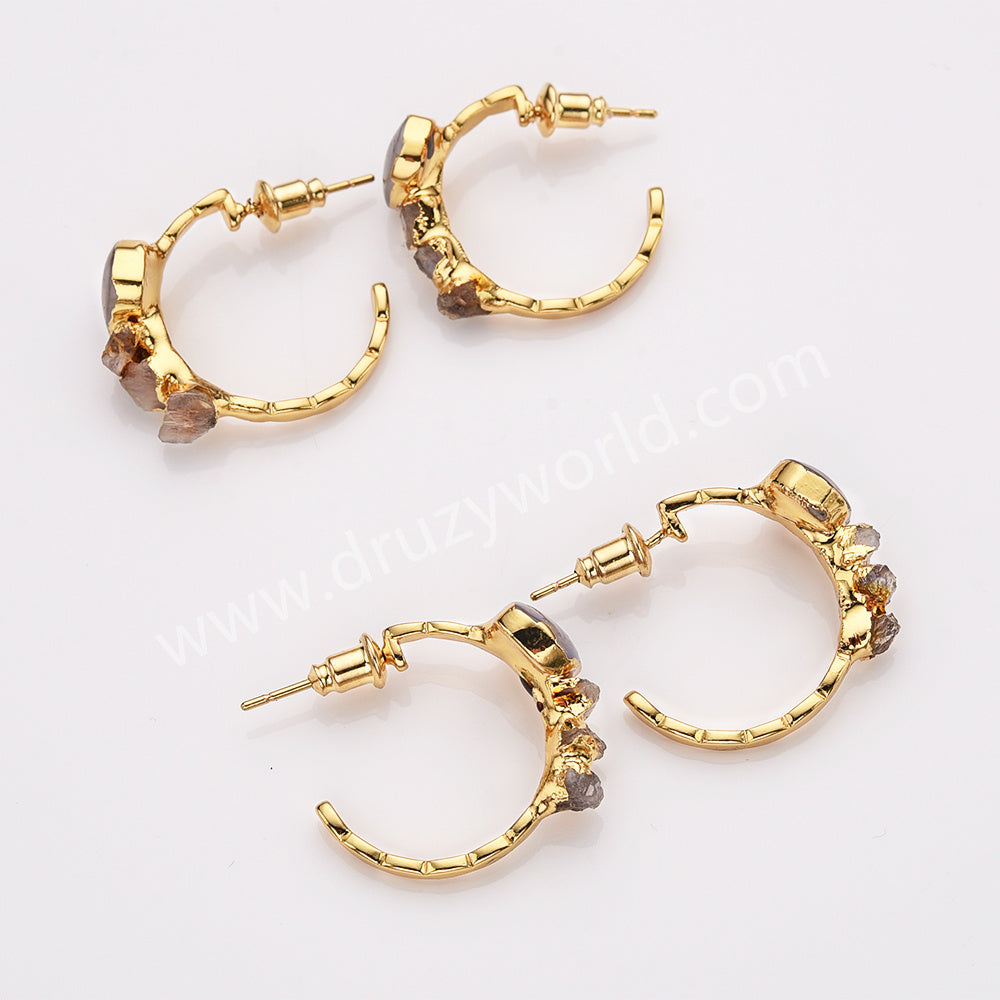 Unique Gold Plated Moonstone Hoop Earrings Raw Crystal Chips Earrings Boho Jewelry G2104