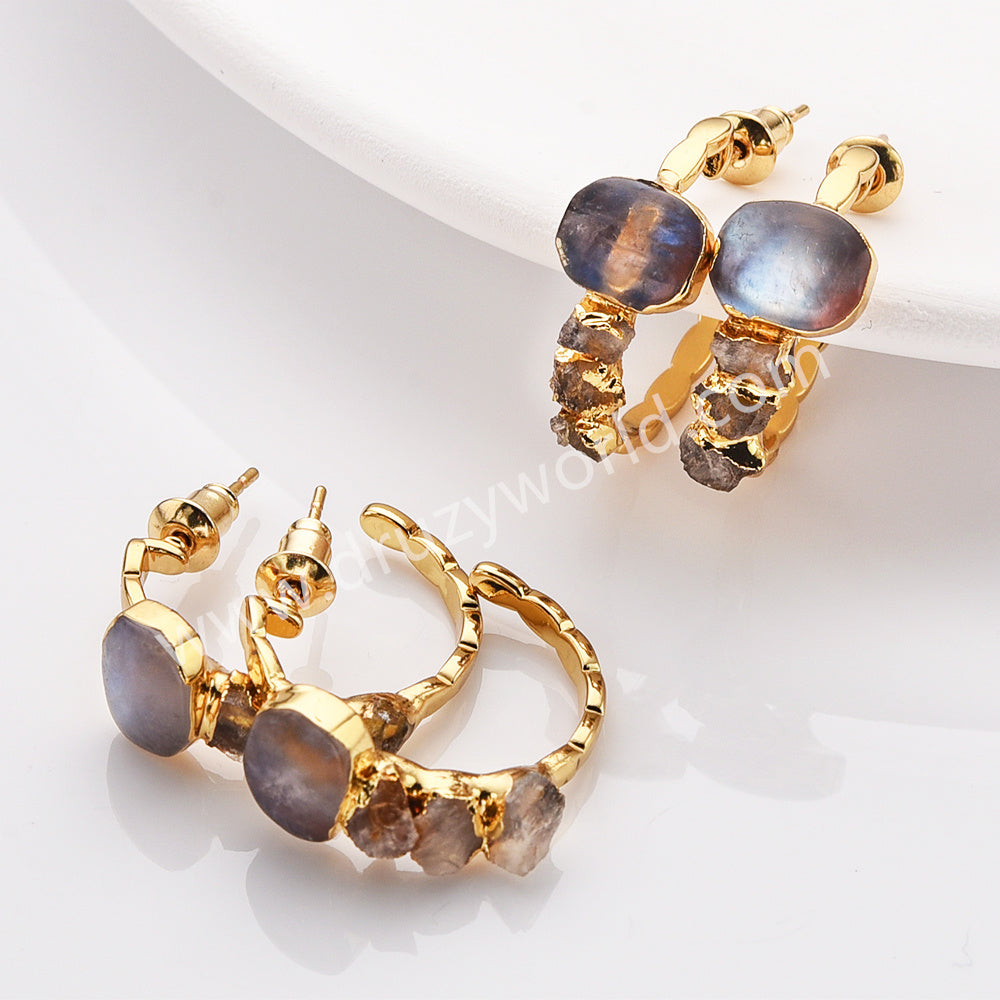 Unique Gold Plated Moonstone Hoop Earrings Raw Crystal Chips Earrings Boho Jewelry G2104