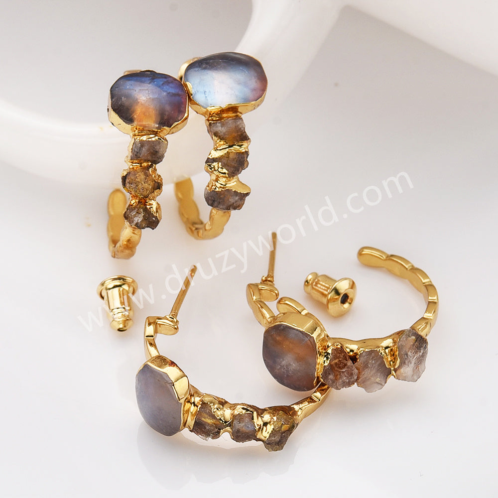 Unique Gold Plated Moonstone Hoop Earrings Raw Crystal Chips Earrings Boho Jewelry G2104