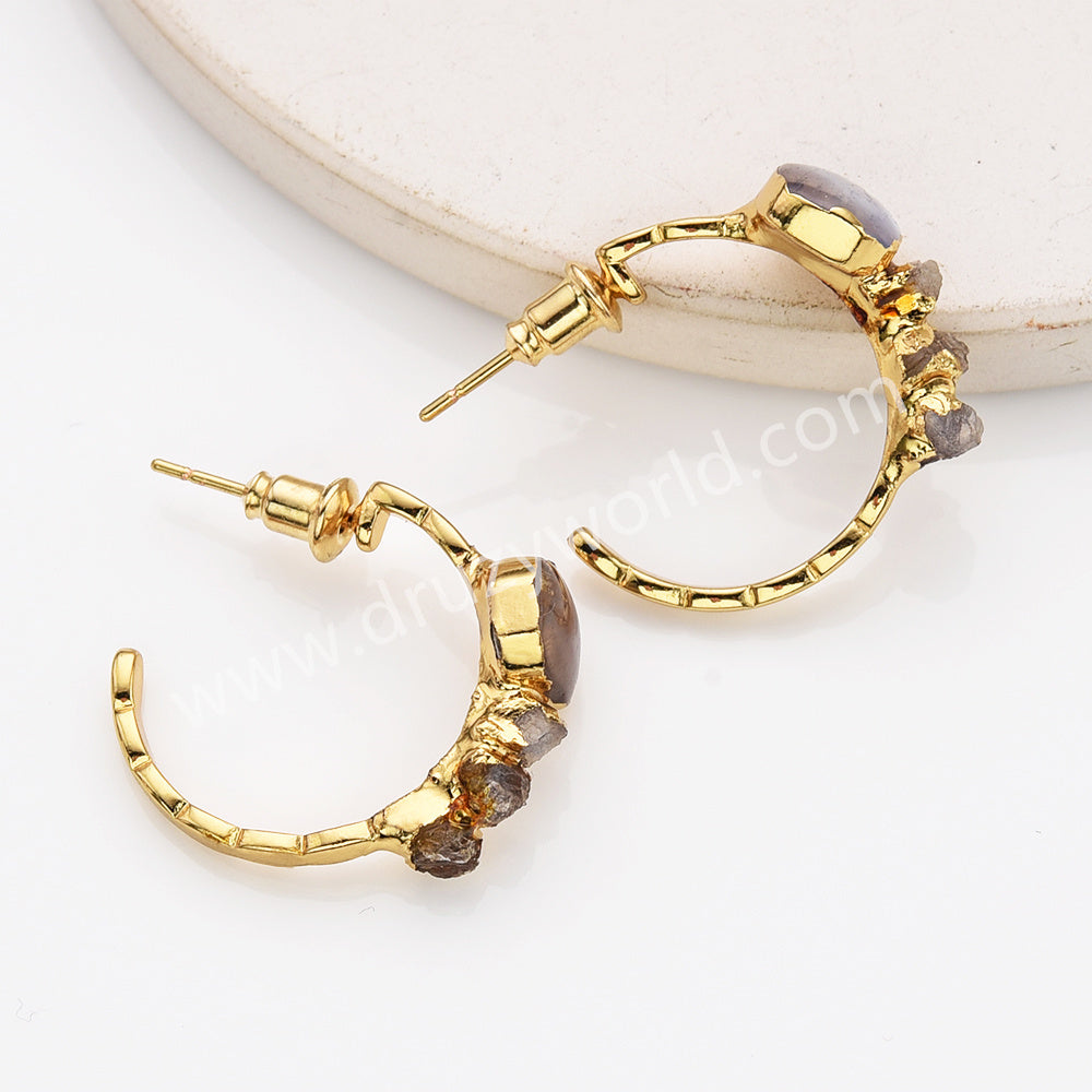 Unique Gold Plated Moonstone Hoop Earrings Raw Crystal Chips Earrings Boho Jewelry G2104