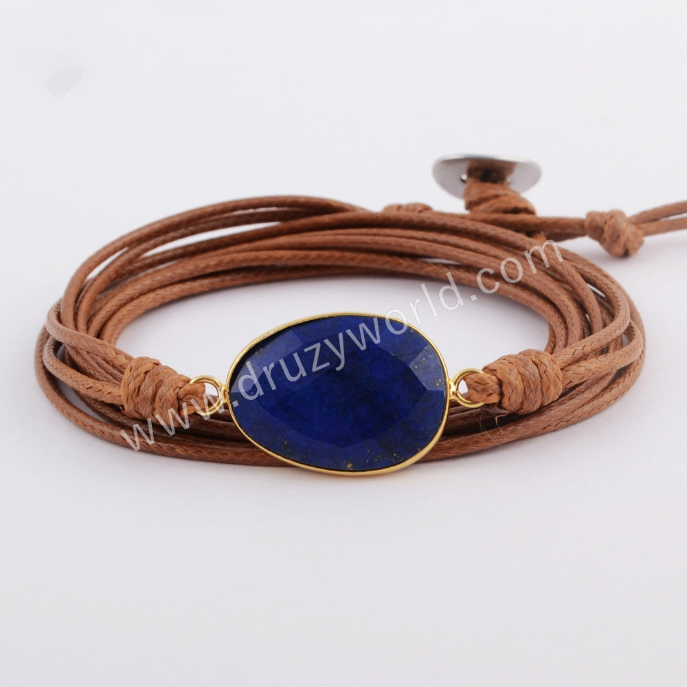 Gold Plated Natural Lapis Lazuli Faceted Layer Leather Wrap Bracelet, Handmade Boho Jewelry HD0026