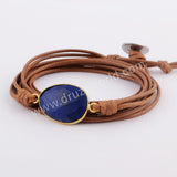 Gold Plated Natural Lapis Lazuli Faceted Layer Leather Wrap Bracelet, Handmade Boho Jewelry HD0026