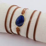 Gold Plated Natural Lapis Lazuli Faceted Layer Leather Wrap Bracelet, Handmade Boho Jewelry HD0026