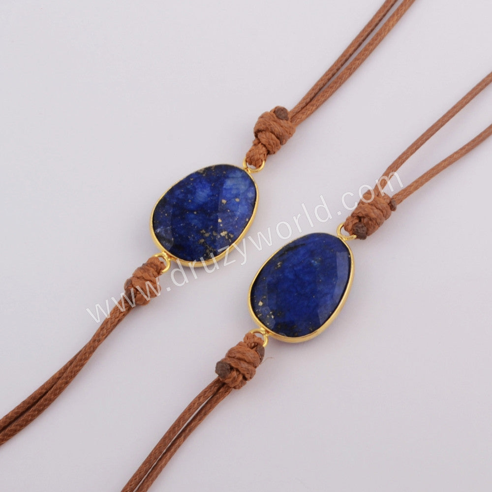 Gold Plated Natural Lapis Lazuli Faceted Layer Leather Wrap Bracelet, Handmade Boho Jewelry HD0026
