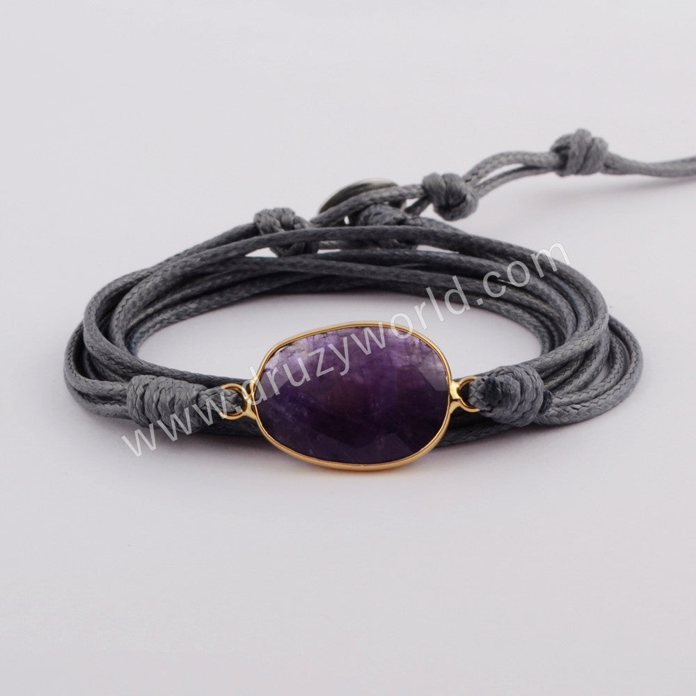 Gold Plated Natural Amethyst Faceted Layer Wrap Bracelet, Handmade Boho Jewelry HD0027