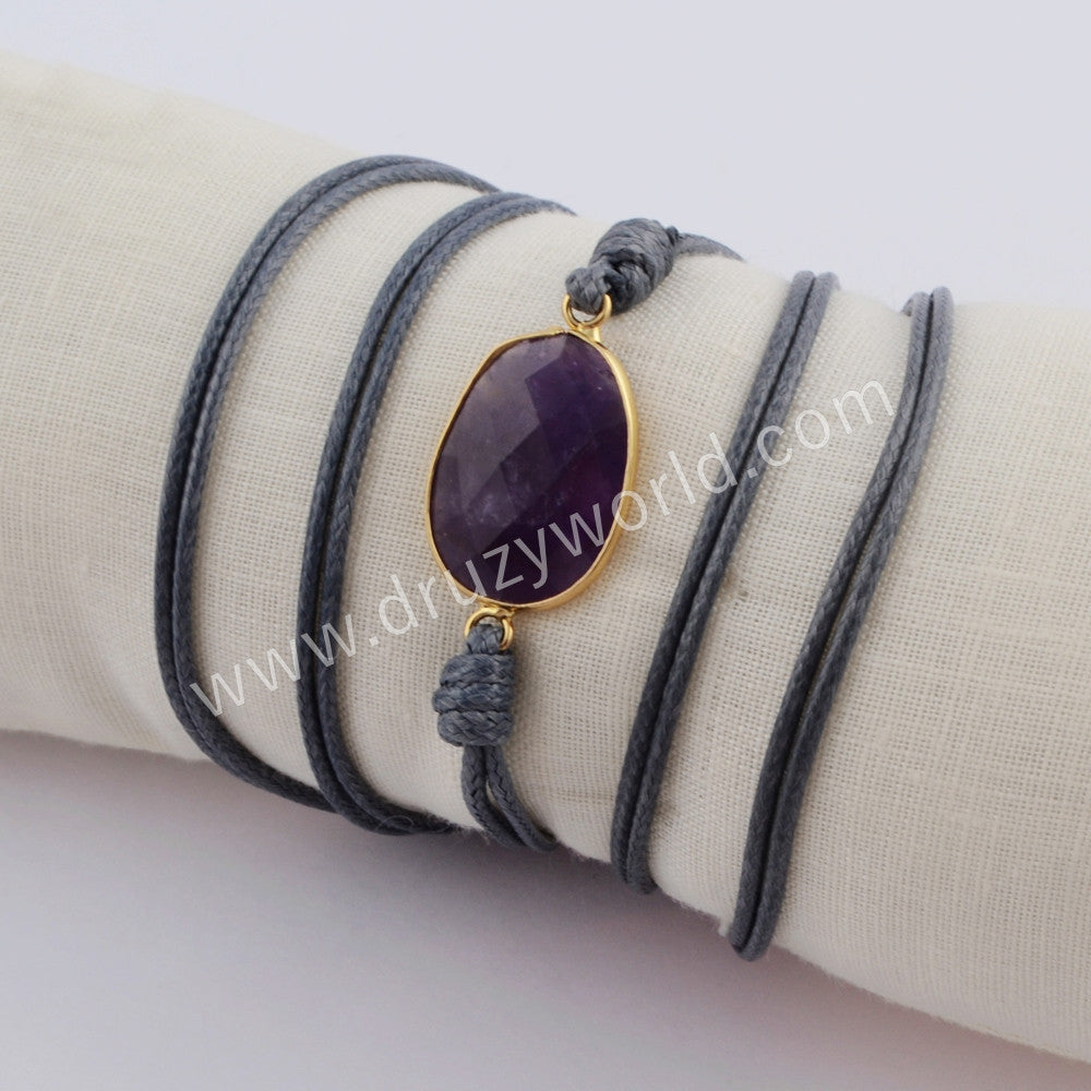 Gold Plated Natural Amethyst Faceted Layer Wrap Bracelet, Handmade Boho Jewelry HD0027