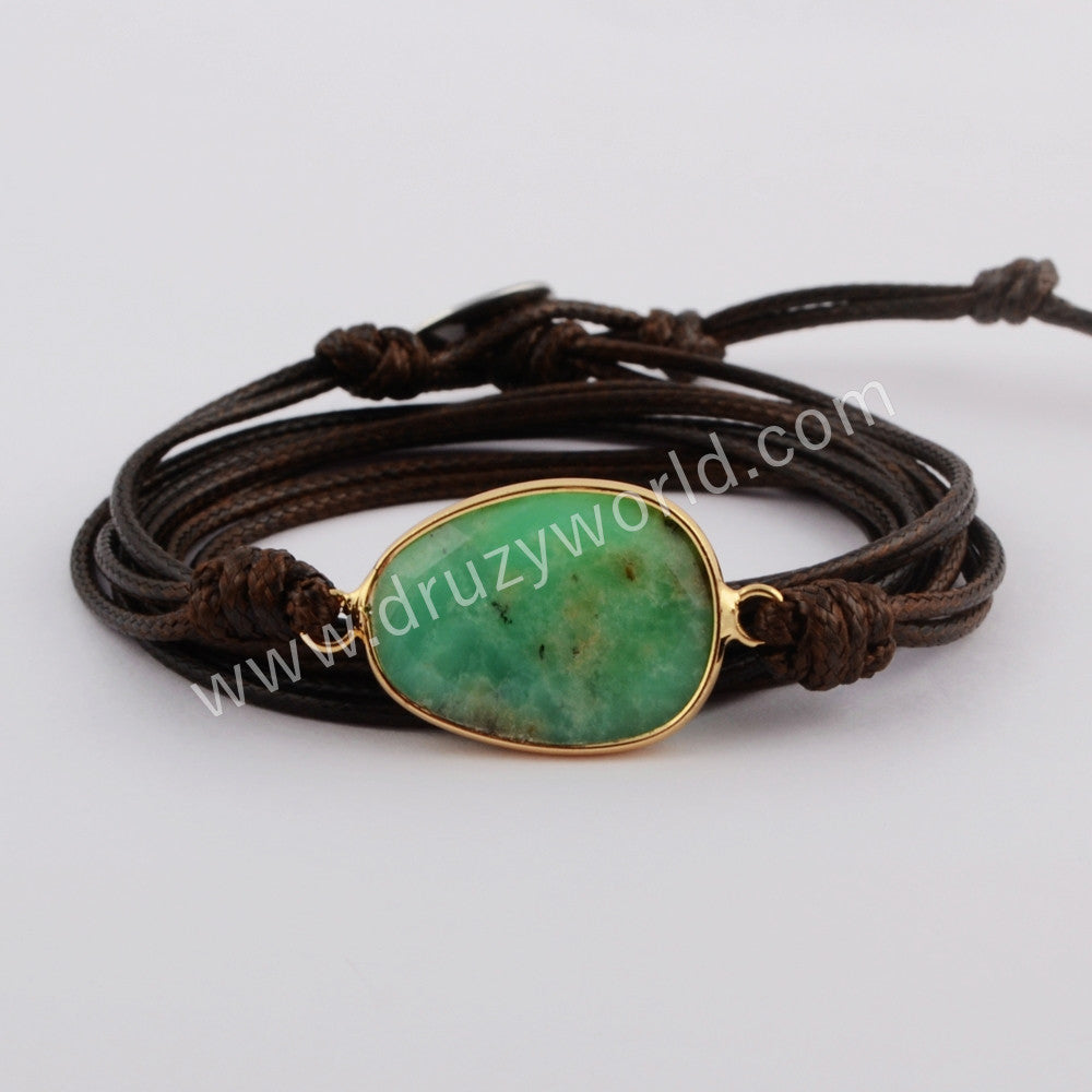 Gold Plated Natural Australia Jade Faceted Layer Leather Wrap Bracelet, Handmade Boho Jewelry HD0028