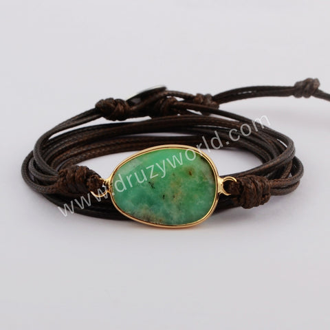 Gold Plated Natural Australia Jade Faceted Layer Wrap Bracelet, Handmade Boho Jewelry HD0028