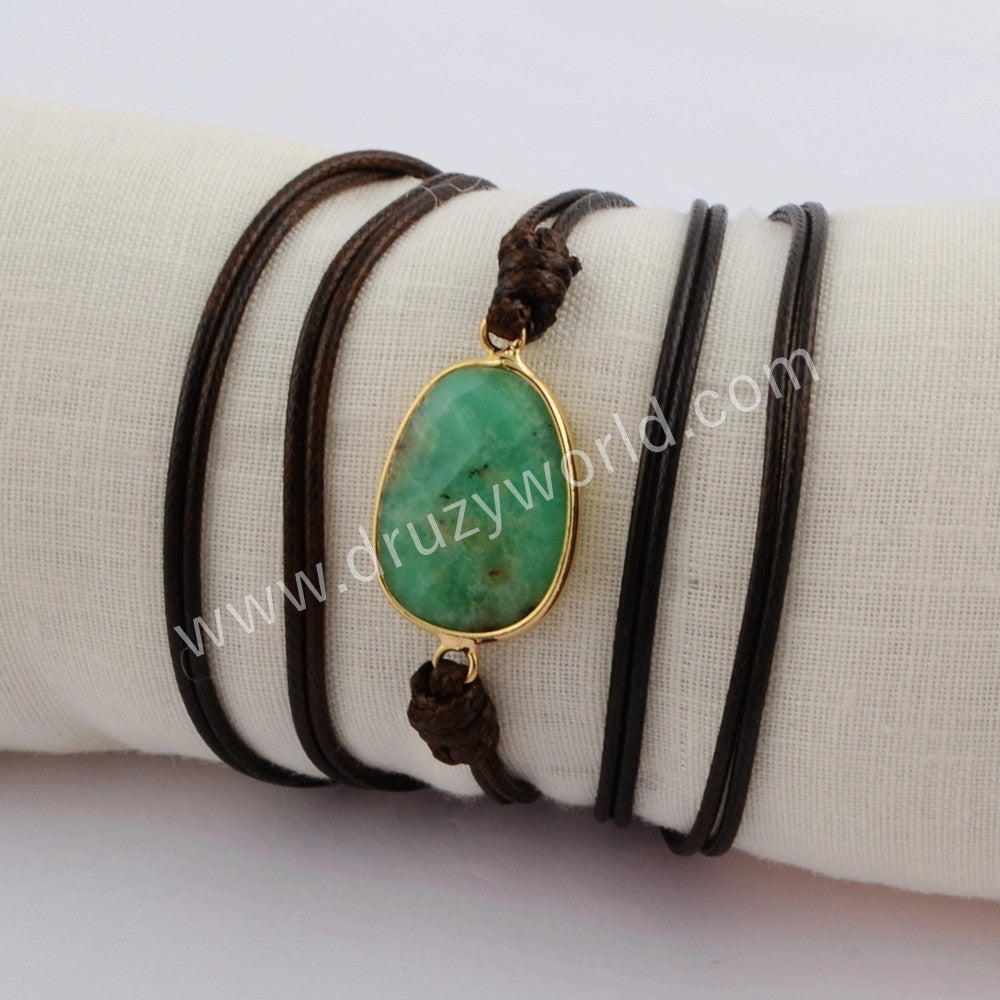 Gold Plated Natural Australia Jade Faceted Layer Leather Wrap Bracelet, Handmade Boho Jewelry HD0028