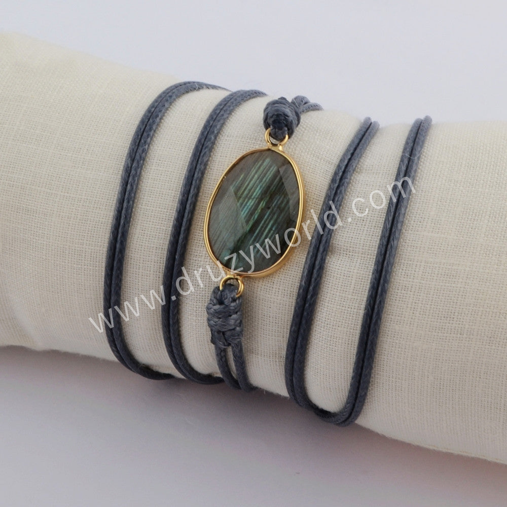 Gold Plated Natural Labradorite Faceted Layer Wrap Bracelet, Handmade Boho Jewelry HD0029
