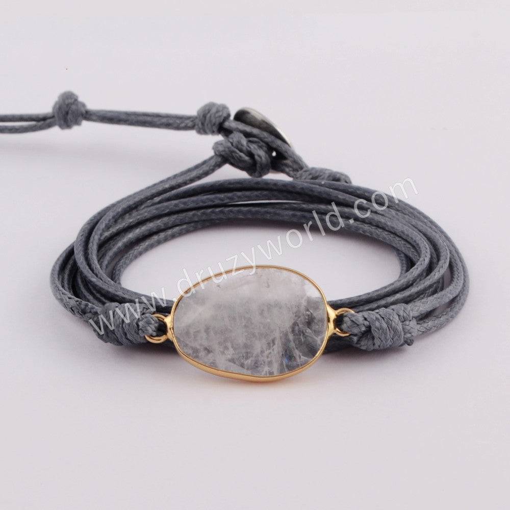 Gold Plated Natural White Quartz Faceted Layer Wrap Bracelet, Handmade Boho Jewelry HD0030