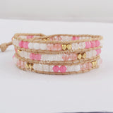 Boho Pink Multi Kind Natural Stone Beads Leather Wrap Bracelet, 3-Layers, Handmade Jewelry HD0057