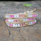 Boho Pink Multi Kind Natural Stone Beads Leather Wrap Bracelet, 3-Layers, Handmade Jewelry HD0057