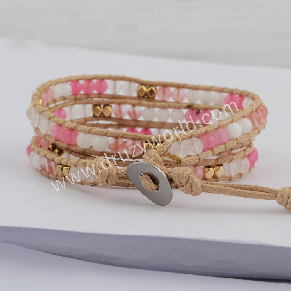 Boho Pink Multi Kind Natural Stone Beads Leather Wrap Bracelet, 3-Layers, Handmade Jewelry HD0057
