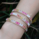 Boho Pink Multi Kind Natural Stone Beads Leather Wrap Bracelet, 3-Layers, Handmade Jewelry HD0057