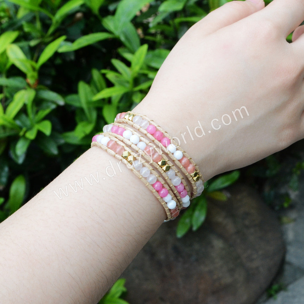 Boho Pink Multi Kind Natural Stone Beads Leather Wrap Bracelet, 3-Layers, Handmade Jewelry HD0057