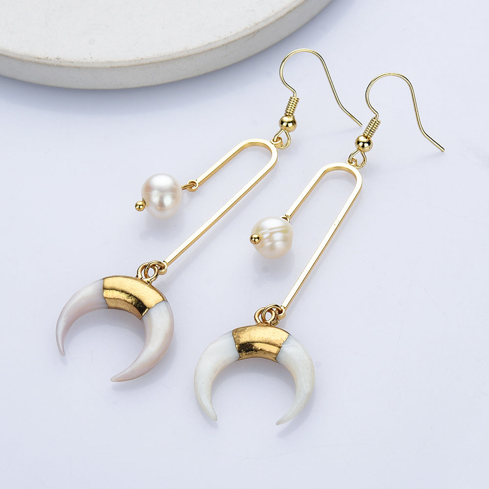 Gold Plated Natural White Shell Horn & Pearl Dangle Earrings, Crescent Moon Boho Jewelry HD0199-2