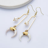 White Shell Horn Natural Pearl Dangle Earrings, Gold Plated Crescent Moon Boho Jewelry HD0199-2