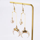 White Shell Horn Natural Pearl Dangle Earrings, Gold Plated Crescent Moon Boho Jewelry HD0199-2