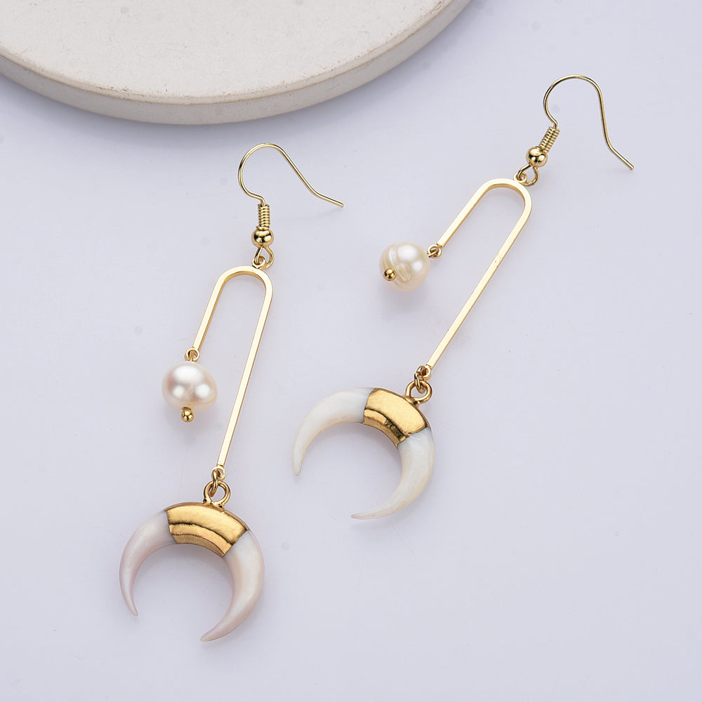 Gold Plated Natural White Shell Horn & Pearl Dangle Earrings, Crescent Moon Boho Jewelry HD0199-2