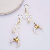 White Shell Horn Natural Pearl Dangle Earrings, Gold Plated Crescent Moon Boho Jewelry HD0199-2